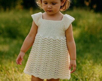 Handmade Knit Cotton Girl Dress, Cream Lace 3T
