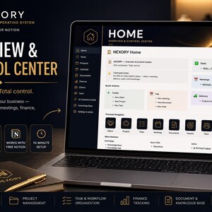 May include: A laptop screen displaying the Nexory Business Operating System for Notion, featuring a dark-themed dashboard with sections for home, tasks, meetings, and projects, alongside text detailing overview and control center features.