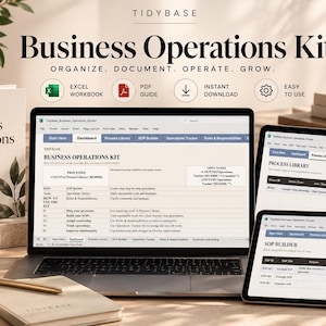 May include: A Business Operations Kit featuring a printed guide, a laptop, and two tablets displaying digital spreadsheets and process library templates. The text includes TIDYBASE, Business Operations Kit, and Organize, Document, Operate, Grow.