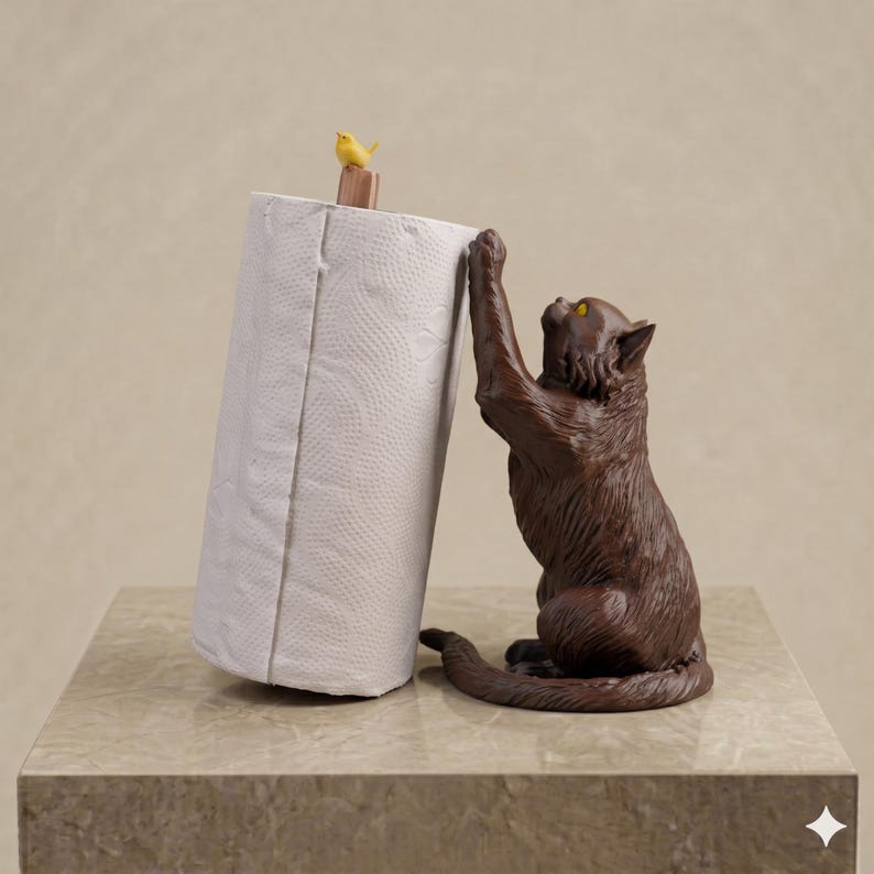 May include: A brown cat figurine with yellow eyes reaching up to touch a white paper towel roll. A small yellow bird sits on top of the wooden post that holds the paper towel roll in place. The cat is sculpted with textured fur details.