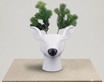 3D Printed Reindeer Planter – Minimalist Deer Head Vase, White Black Accent, Winter Decor