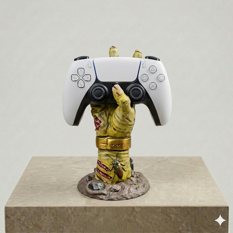 May include: A white and black video game controller resting on a yellow, textured hand-shaped stand. The hand features a gold-colored wristband, visible stitches, and a small insect detail, emerging from a rocky, earth-toned circular base.