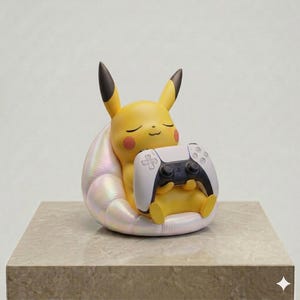Pu&ograve; includere: Una statuetta gialla di Pikachu con gli occhi chiusi e le guance rosse, seduta su una sedia iridescente e madreperlacea a forma di conchiglia. Il personaggio tiene tra le mani un controller per videogiochi bianco e nero con finitura opaca.