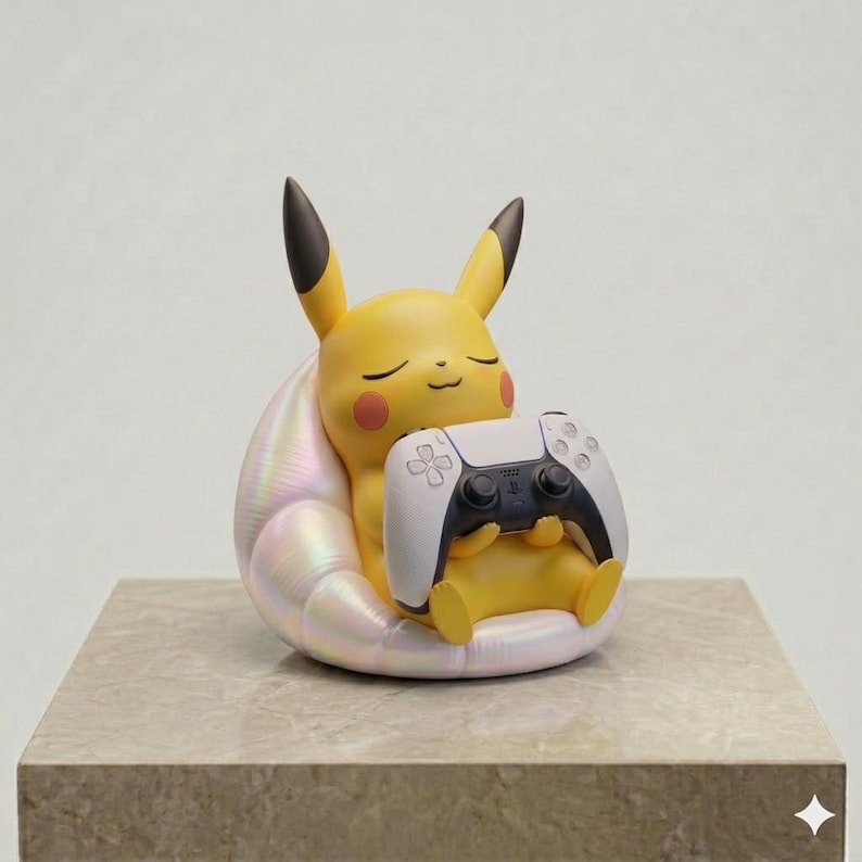 Pu&ograve; includere: Una statuetta gialla di Pikachu con gli occhi chiusi e le guance rosse, seduta su una sedia iridescente e madreperlacea a forma di conchiglia. Il personaggio tiene tra le mani un controller per videogiochi bianco e nero con finitura opaca.