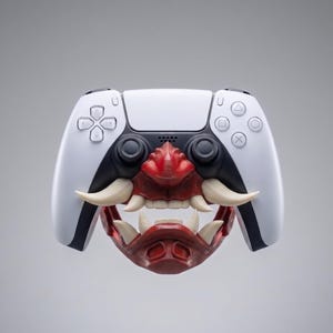 Puede incluir: Un mando de videojuegos blanco y negro con una m&aacute;scara oni de color rojo y crema. La m&aacute;scara cubre el centro del mando, mostrando una expresi&oacute;n feroz con colmillos prominentes, una nariz ancha y una estructura facial roja detallada.