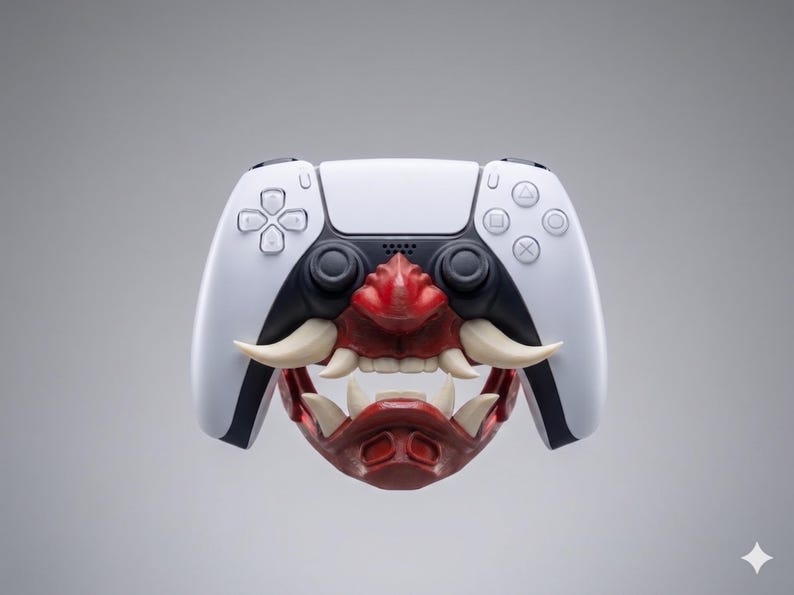 Puede incluir: Un mando de videojuegos blanco y negro con una m&aacute;scara oni de color rojo y crema. La m&aacute;scara cubre el centro del mando, mostrando una expresi&oacute;n feroz con colmillos prominentes, una nariz ancha y una estructura facial roja detallada.