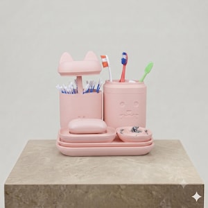 May include: A light pink bathroom accessory set featuring a cat-themed container with a lid for cotton swabs, a cylindrical toothbrush holder, a soap dish with a bar of soap, and a small trinket tray, all arranged on a matching rectangular base.