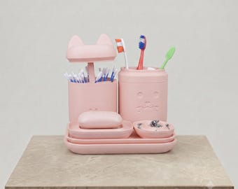 Clean Kitty Vanity Organizer Set - Minimalist Bathroom Accessory Kit - 3D Printed Decor