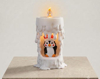 Lámpara de vela con forma de pingüino impresa en 3D: decoración festiva para escritorio, luz nocturna LED.