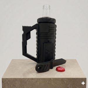 Pode incluir: Um suporte para garrafa preto fosco com al&ccedil;a t&aacute;tica, um emblema de caveira na frente e uma ader&ecirc;ncia texturizada. O suporte &eacute; projetado para o gargalo de uma garrafa de vidro, com uma pequena tampa de garrafa vermelha colocada &agrave; frente.