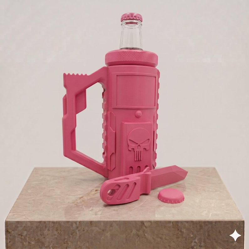 Pode incluir: Um suporte para garrafa rosa brilhante com uma al&ccedil;a texturizada e um emblema de caveira na frente. O suporte apresenta um corpo cil&iacute;ndrico com tampa de rosca, um gargalo de garrafa de vidro transparente e uma ferramenta rosa em forma de faca.