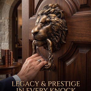 Op de afbeelding: Een bronskleurige deurklopper in de vorm van een leeuwenkop op een donkerhouten deur. De tekst luidt: LEGACY & PRESTIGE IN EVERY KNOCK THE LION'S GATE COLLECTION. De leeuw heeft gedetailleerde manen en een beweegbare ring als handvat.