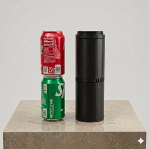 May include: A matte black cylindrical canister with a ribbed texture and a screw-top lid, positioned next to a stack of two standard aluminium soda cans, one red Coca-Cola can on top of one green Sprite can, for a visual size comparison.