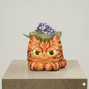 Peut inclure: Un pot de fleurs en céramique en forme de chat tigré orange assis avec des rayures marron foncé et de grands yeux jaunes. Le chat a une expression grincheuse et porte une petite plante avec des fleurs violettes et blanches sur la tête.