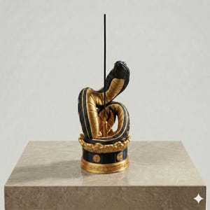 May include: A black and gold incense holder featuring a coiled snake sculpture atop a circular base. The snake has a textured black exterior and a smooth gold underside. A thin, black incense stick stands vertically in the centre holder.