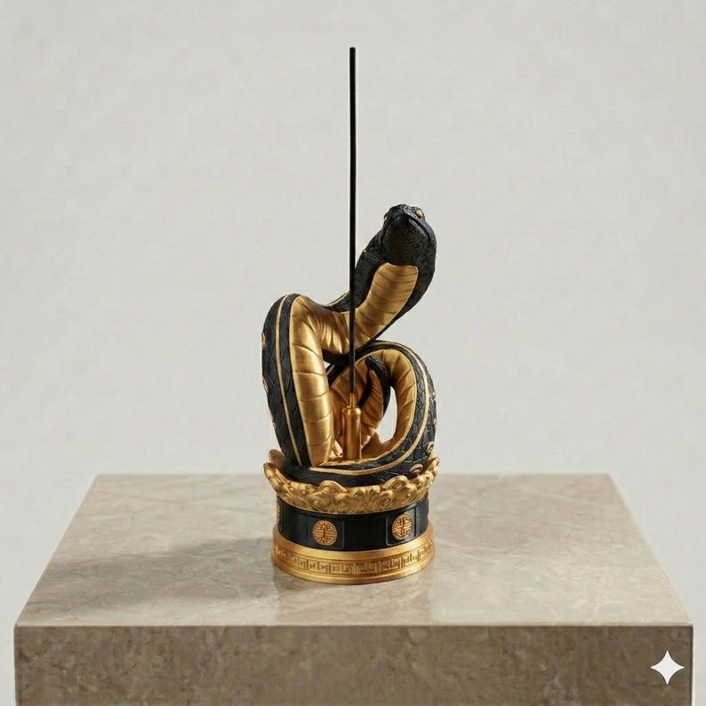 May include: A black and gold incense holder featuring a coiled snake sculpture atop a circular base. The snake has a textured black exterior and a smooth gold underside. A thin, black incense stick stands vertically in the centre holder.