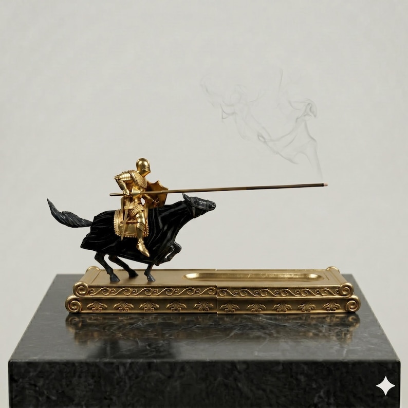 Medieval Jousting Knight Incense Holder | 3D Printed PLA Decor Gold  / Black Horse