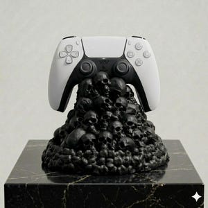 Op de afbeelding: Een wit en zwart videogame-controller rustend op een gebeeldhouwde basis bestaande uit een dichte stapel kleine, matzwarte schedels. De controller is voorzien van standaard richtingsknoppen, analoge sticks en actiesymbolen op de voorzijde.