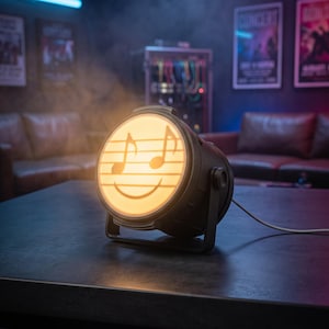 May include: A black circular stage light with an adjustable mounting bracket. The front lens emits a warm yellow glow and features a graphic design of horizontal musical staff lines, two musical notes, and a smiling mouth at the bottom.