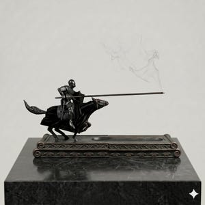May include: A dark-colored incense burner featuring a sculpted knight in full armor mounted on a galloping horse. The knight holds a long, thin incense stick that extends horizontally, with a thin trail of smoke rising from the tip.