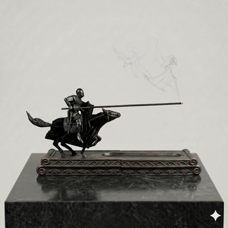 May include: A dark-colored incense burner featuring a sculpted knight in full armor mounted on a galloping horse. The knight holds a long, thin incense stick that extends horizontally, with a thin trail of smoke rising from the tip.