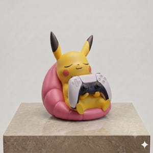 Pu&ograve; includere: Una statuetta gialla di Pikachu con orecchie dalle punte nere e guance rosse, seduta su un pouf rosa mentre tiene in mano un controller per videogiochi bianco e nero. Il personaggio ha gli occhi chiusi e un piccolo sorriso, apparendo a riposo.