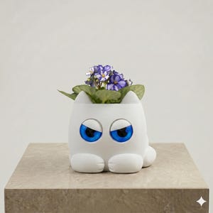 May include: A white, cat-shaped planter with large, glossy blue eyes and pointed ears. The planter holds a small plant with green leaves and purple flowers. The cat figure has a smooth, matte finish and is depicted in a seated, forward-facing position.