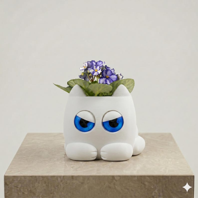 May include: A white, cat-shaped planter with large, glossy blue eyes and pointed ears. The planter holds a small plant with green leaves and purple flowers. The cat figure has a smooth, matte finish and is depicted in a seated, forward-facing position.