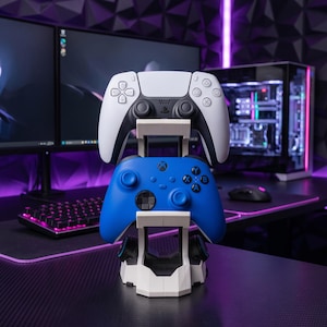 Dual Controller and Headphone Stand, Dual Tier Gamepad Desk Organizer for PS5 Xbox Switch, Modern Gaming Tower Dock Battlestation Gamer Gift