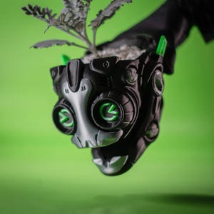 May include: A black and silver mechanical-style planter featuring circular side accents with bright green glowing symbols. The container holds a small plant with light-colored leaves and white pebbles, showcasing a complex, robotic aesthetic design.