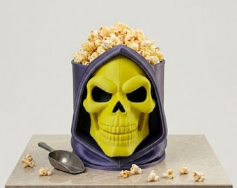 Purple Hooded Skull Snack Bucket – Retro Villain Popcorn Holder, 3D Printed Desk Decor
