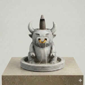 May include: A gray stone-textured incense burner shaped like a bull with a gold-colored nose ring. A dark incense cone sits on top of the bull's head, with thin white smoke flowing downward from the nose area into a circular base tray.