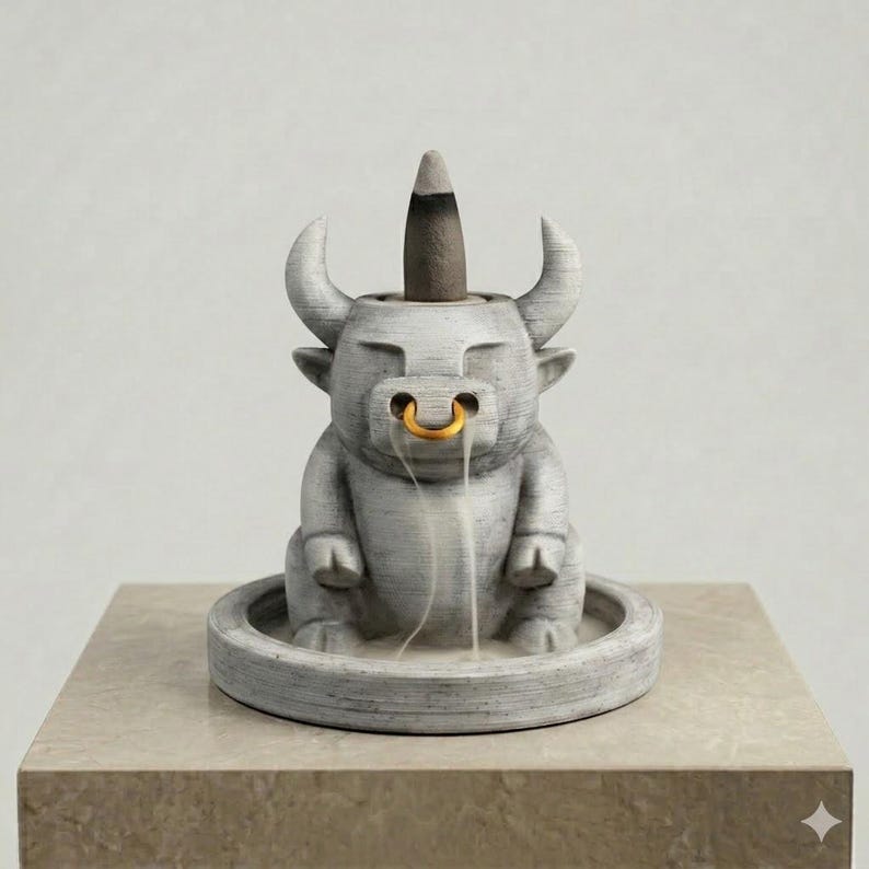 May include: A gray stone-textured incense burner shaped like a bull with a gold-colored nose ring. A dark incense cone sits on top of the bull's head, with thin white smoke flowing downward from the nose area into a circular base tray.