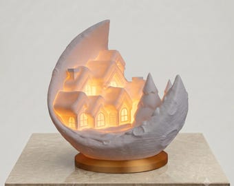 3D Printed Moon Village Table Lamp – Cozy Lunar Christmas Night Light