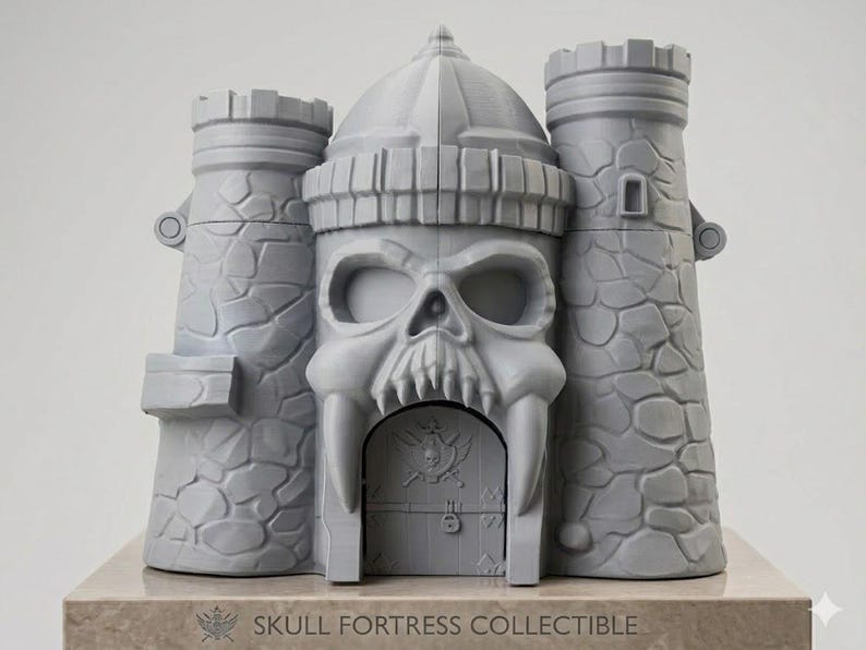 Op de afbeelding: Een grijze 3D-geprinte schedelfort-collectible met twee torens met steentextuur die een centrale schedelstructuur met een poort flankeren. De deur toont een schedel- en kruisbeenderenembleem. De basis is gelabeld met SKULL FORTRESS COLLECTIBLE.