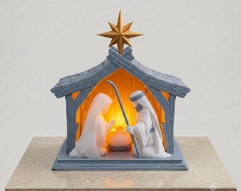 3D Printed Nativity Scene Lamp – Holy Family Manger Creche Decor (LED)