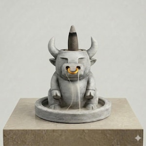 May include: A gray stone-textured incense burner shaped like a bull with a gold-colored nose ring. A dark incense cone sits on top of the bull's head, with thin white smoke flowing downward from the nose area into a circular base tray.