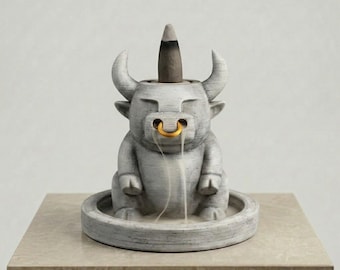 Concrete Bull Backflow Incense Burner – Minimalist Zen Home Decor, Gold Nose Ring Detail