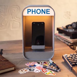 May include: A gray, rectangular, upright phone charging station with a built-in light at the top and the word PHONE printed in blue letters. The device features a central slot for a smartphone, a textured interior, and a smooth, rounded outer frame.