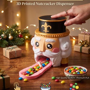 May include: A 3D printed nutcracker sweet dispenser featuring a black hat with a gold fleur-de-lis, a white face with pink cheeks, and a pink tongue-shaped tray. The text reads MAGICAL HOLIDAY CANDY FUN, 3D Printed Nutcracker Dispenser, and more.