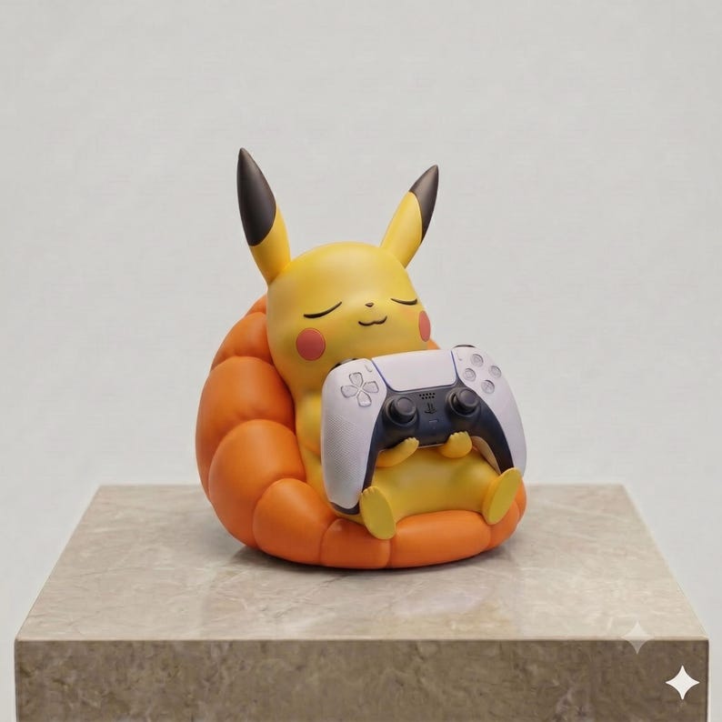 Pu&ograve; includere: Una statuetta gialla di Pikachu con orecchie dalle punte nere e guance rosse, seduta su un pouf arancione arrotondato. Il personaggio ha gli occhi chiusi e un piccolo sorriso mentre tiene in mano un controller per videogiochi bianco e nero.