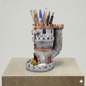 May include: A gray stone-textured pencil holder shaped like a medieval castle tower with copper-colored accents. The structure features a crenelated top, a cross emblem, and an arched doorway containing a yellow twenty-sided die, filled with pens.