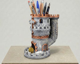 Hand painted Castle Dice Tower Pen Holder | Medieval RPG Desk Organizer, D&D Accessory