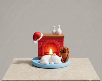 3D Printed Cat Fireplace Lamp – Cozy Holiday Decor, Sleeping Kitten Nightlight