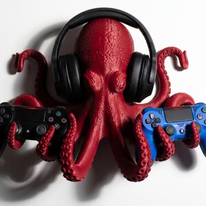 Octopus Headphone and Controller Stand | Gaming Desk Organizer, PLA Desk Decor Red