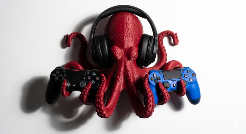 Octopus Headphone and Controller Stand | Gaming Desk Organizer, PLA Desk Decor Red