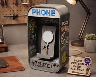 12" Phone Booth Charger Stand | Urban Graffiti Decor, MagSafe Compatible Desk Dock
