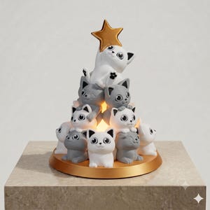 3D Printed Cat Stack Christmas Tree Lamp – Kitten Xmas Table Decor, Night Light
