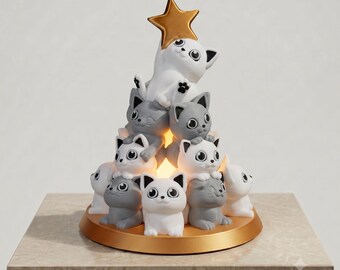 3D Printed Cat Stack Christmas Tree Lamp – Kitten Xmas Table Decor, Night Light