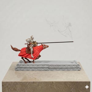 May include: A silver-colored knight in full armor riding a brown horse draped in a bright red cloth. The knight holds a long, thin black incense stick as a lance. The figure is mounted on a rectangular gray base with carved scrollwork details.